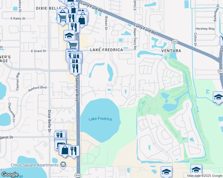 map of restaurants, bars, coffee shops, grocery stores, and more near 2936 Oak Park Way in Orlando