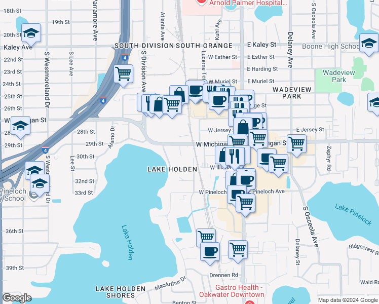 map of restaurants, bars, coffee shops, grocery stores, and more near 200 West Michigan Street in Orlando