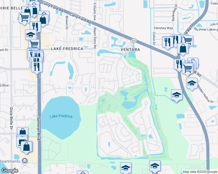 map of restaurants, bars, coffee shops, grocery stores, and more near 6140 Sunnyvale Drive in Orlando