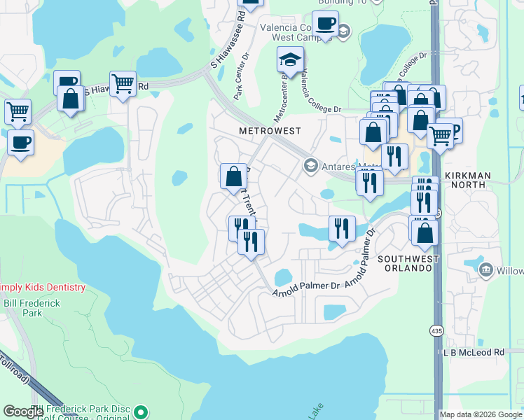 map of restaurants, bars, coffee shops, grocery stores, and more near 6422 Agastia Court in Orlando