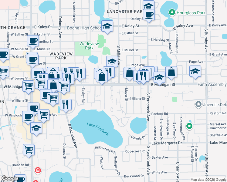 map of restaurants, bars, coffee shops, grocery stores, and more near 1068 East Michigan Street in Orlando