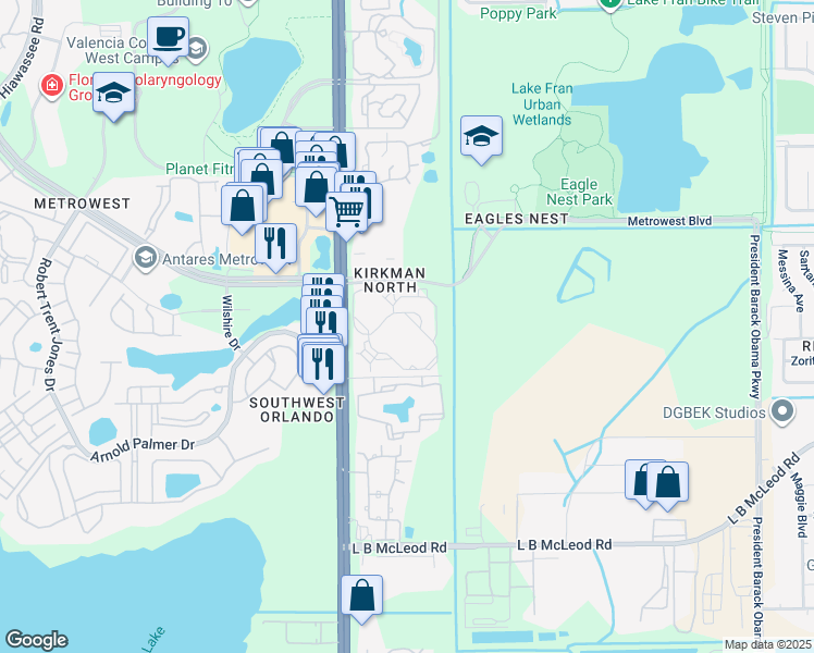 map of restaurants, bars, coffee shops, grocery stores, and more near 5536 Metrowest Boulevard in Orlando