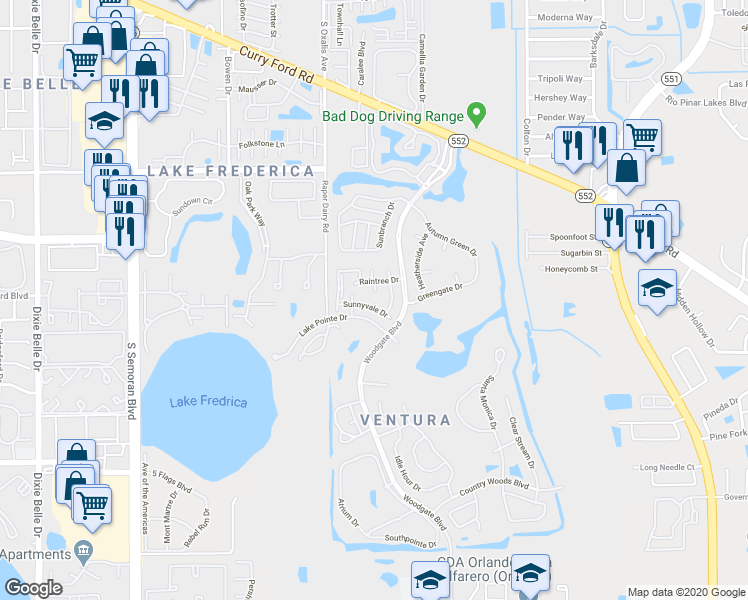 map of restaurants, bars, coffee shops, grocery stores, and more near 6140 Sunnyvale Drive in Orlando