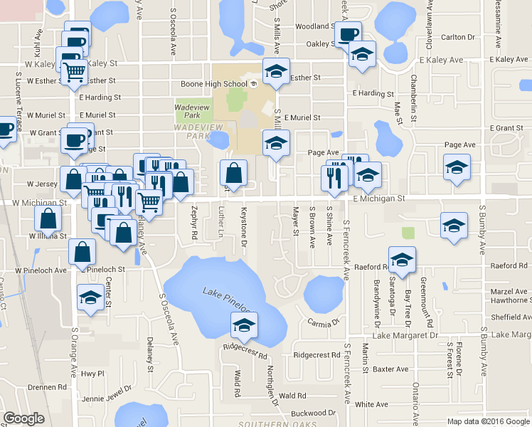 map of restaurants, bars, coffee shops, grocery stores, and more near 1068 East Michigan Street in Orlando