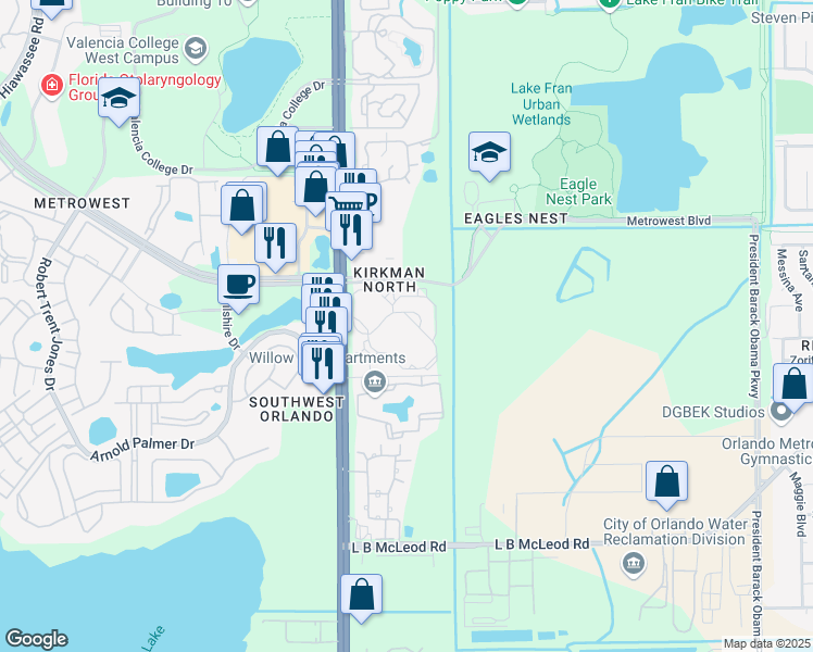 map of restaurants, bars, coffee shops, grocery stores, and more near 5536 Metrowest Boulevard in Orlando