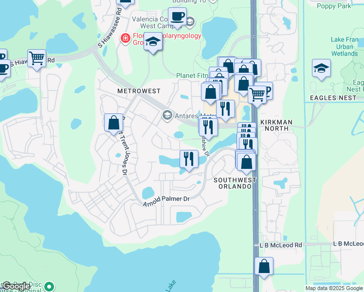 map of restaurants, bars, coffee shops, grocery stores, and more near 6100 Old Park Lane in Orlando