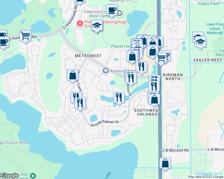 map of restaurants, bars, coffee shops, grocery stores, and more near 6258 Castelven Drive in Orlando