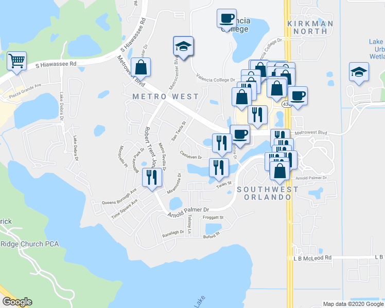 map of restaurants, bars, coffee shops, grocery stores, and more near 6258 Castelven Drive in Orlando