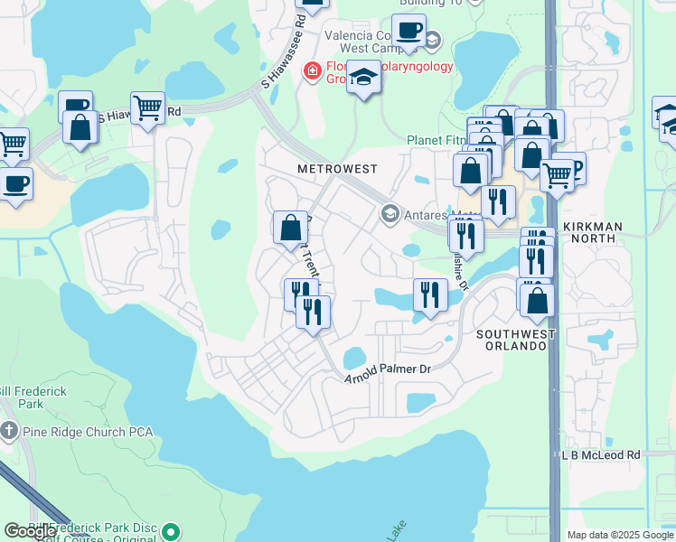 map of restaurants, bars, coffee shops, grocery stores, and more near 6422 Agastia Court in Orlando