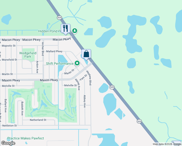 map of restaurants, bars, coffee shops, grocery stores, and more near 2430 Abalone Boulevard in Orlando