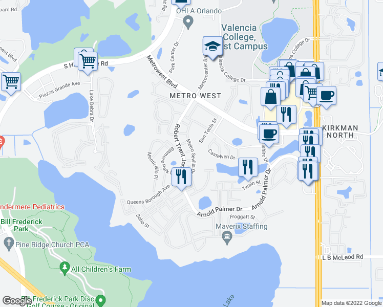 map of restaurants, bars, coffee shops, grocery stores, and more near 6422 Agastia Court in Orlando