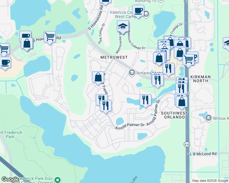 map of restaurants, bars, coffee shops, grocery stores, and more near 6422 Agastia Court in Orlando