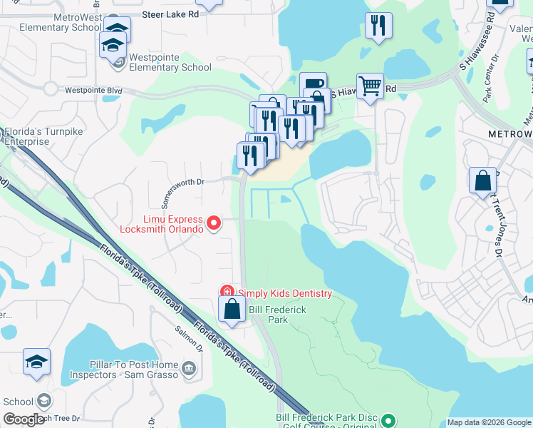 map of restaurants, bars, coffee shops, grocery stores, and more near 7101 Yacht Basin Avenue in Orlando