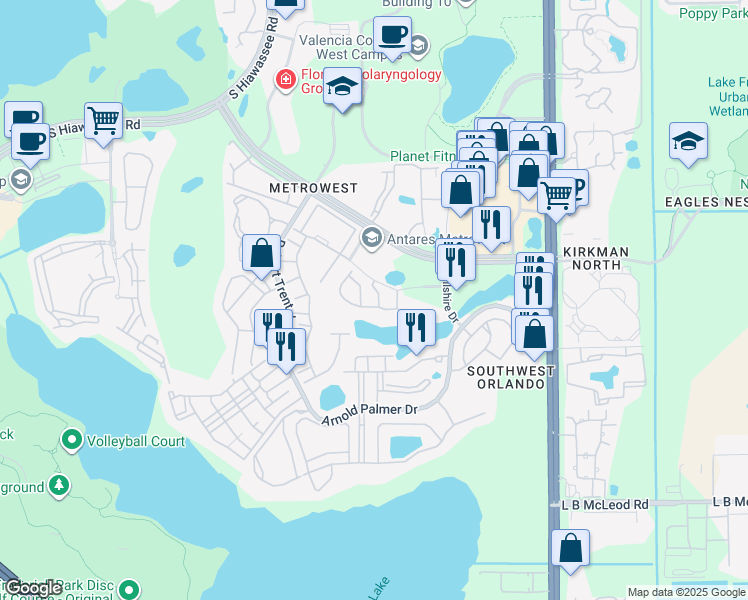 map of restaurants, bars, coffee shops, grocery stores, and more near 2864 Polana Street in Orlando