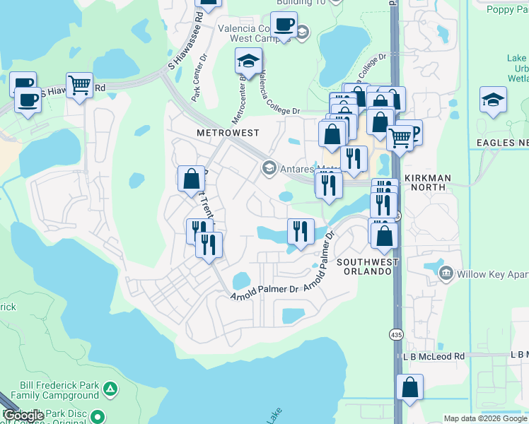 map of restaurants, bars, coffee shops, grocery stores, and more near 6258 Castelven Drive in Orlando