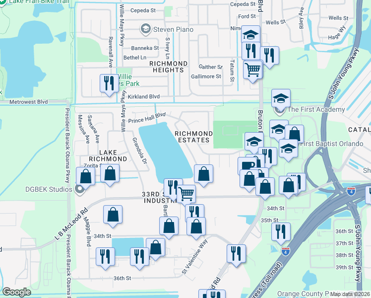 map of restaurants, bars, coffee shops, grocery stores, and more near 4291 Lake Richmond Drive in Orlando