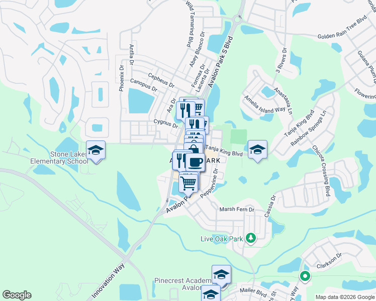 map of restaurants, bars, coffee shops, grocery stores, and more near 3662 Avalon Park South Boulevard in Orlando