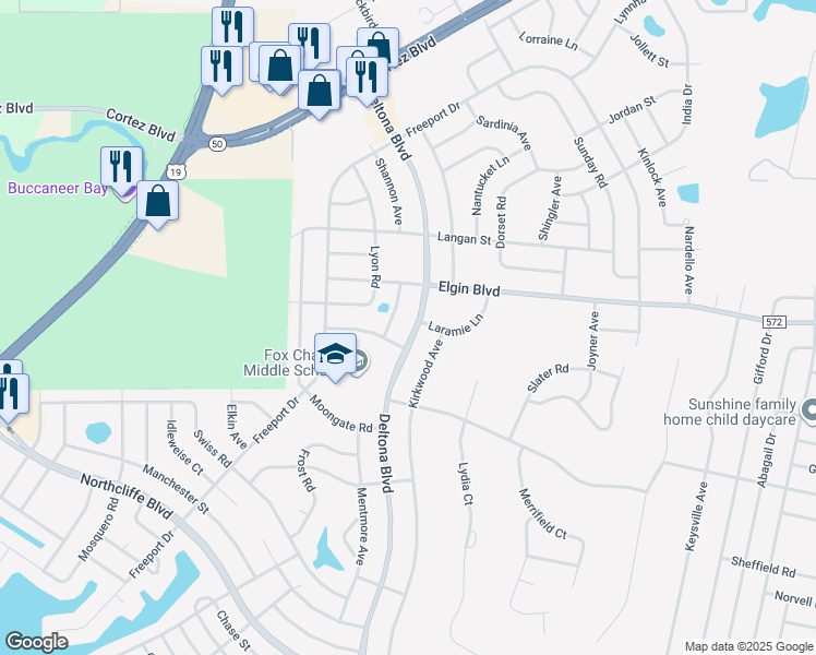 map of restaurants, bars, coffee shops, grocery stores, and more near 5421 Deltona Boulevard in Spring Hill