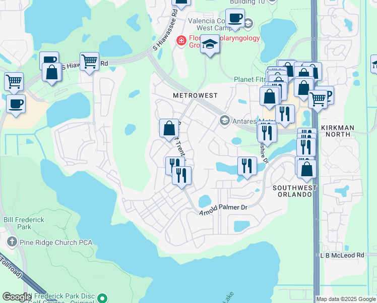map of restaurants, bars, coffee shops, grocery stores, and more near 6422 Agastia Court in Orlando
