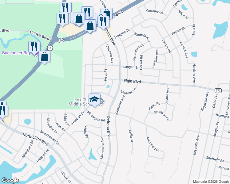 map of restaurants, bars, coffee shops, grocery stores, and more near 5405 Deltona Boulevard in Spring Hill