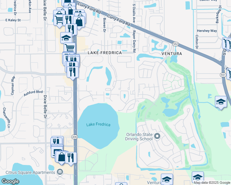 map of restaurants, bars, coffee shops, grocery stores, and more near 5990 Braemar Place in Orlando