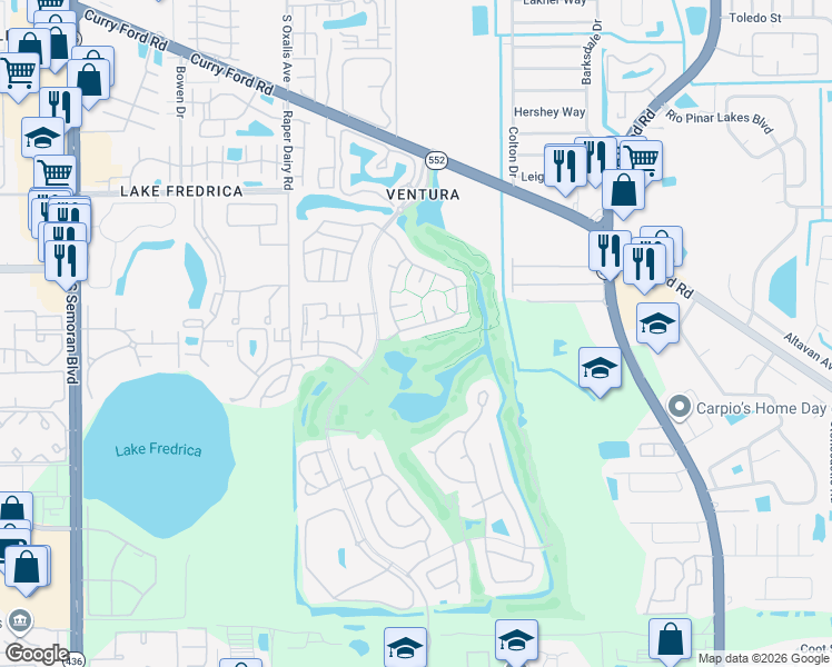 map of restaurants, bars, coffee shops, grocery stores, and more near 6322 Greengate Drive in Orlando