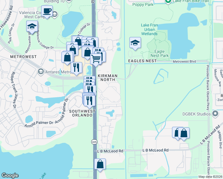 map of restaurants, bars, coffee shops, grocery stores, and more near 5530 Metrowest Boulevard in Orlando