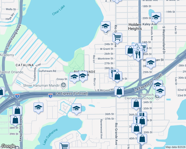 map of restaurants, bars, coffee shops, grocery stores, and more near 3002 Rio Lane in Orlando