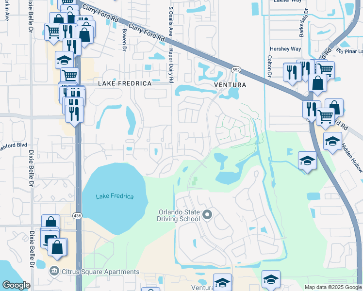 map of restaurants, bars, coffee shops, grocery stores, and more near 6112 Sunnyvale Drive in Orlando