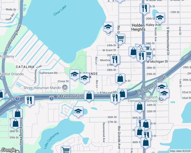 map of restaurants, bars, coffee shops, grocery stores, and more near 3002 Rio Lane in Orlando