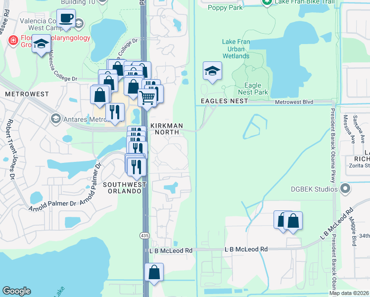 map of restaurants, bars, coffee shops, grocery stores, and more near 5536 Metrowest Boulevard in Orlando