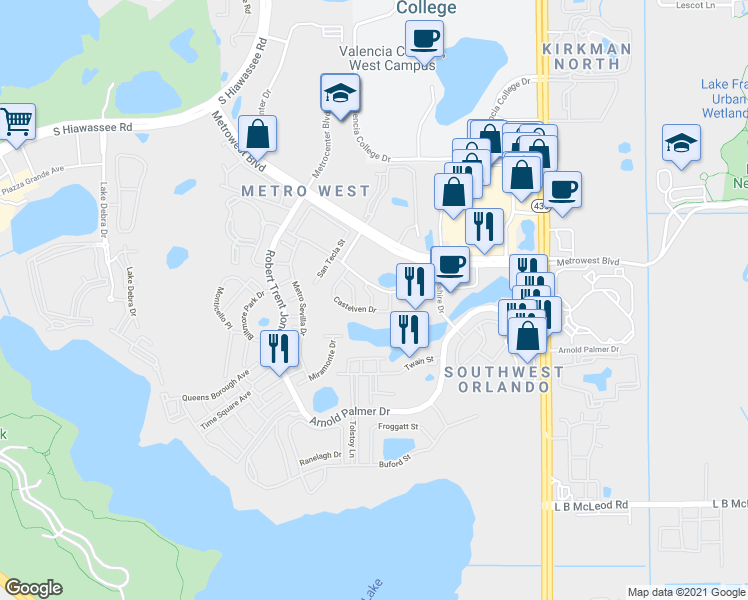map of restaurants, bars, coffee shops, grocery stores, and more near 6258 Castelven Drive in Orlando