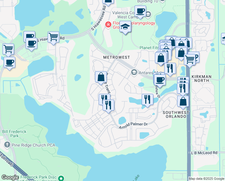 map of restaurants, bars, coffee shops, grocery stores, and more near 6422 Agastia Court in Orlando