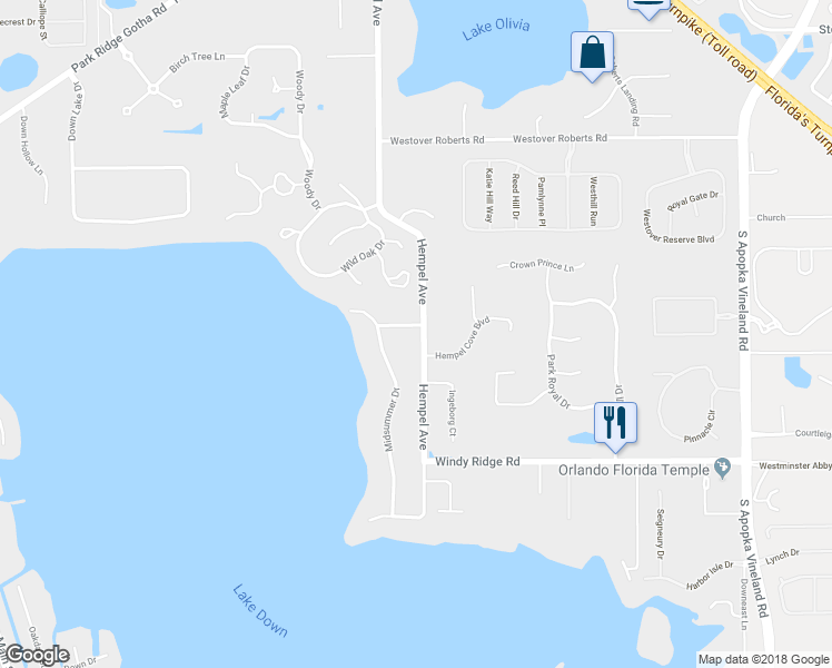 map of restaurants, bars, coffee shops, grocery stores, and more near 9600 Ambleside Drive in Windermere