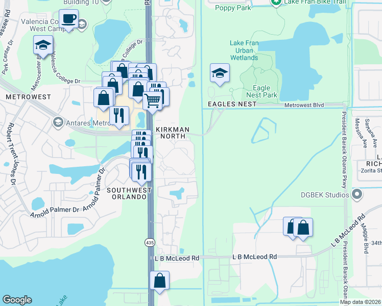 map of restaurants, bars, coffee shops, grocery stores, and more near 5536 Metrowest Boulevard in Orlando