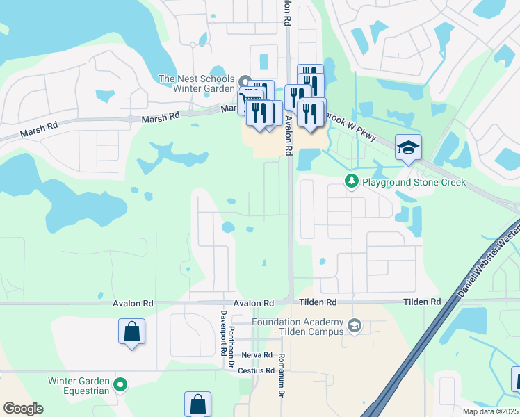 map of restaurants, bars, coffee shops, grocery stores, and more near 1940 Jean Marie Drive in Winter Garden