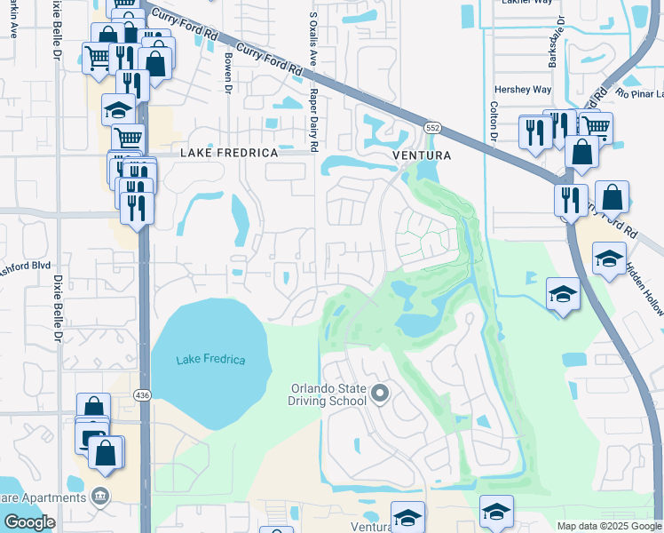 map of restaurants, bars, coffee shops, grocery stores, and more near 6112 Sunnyvale Drive in Orlando