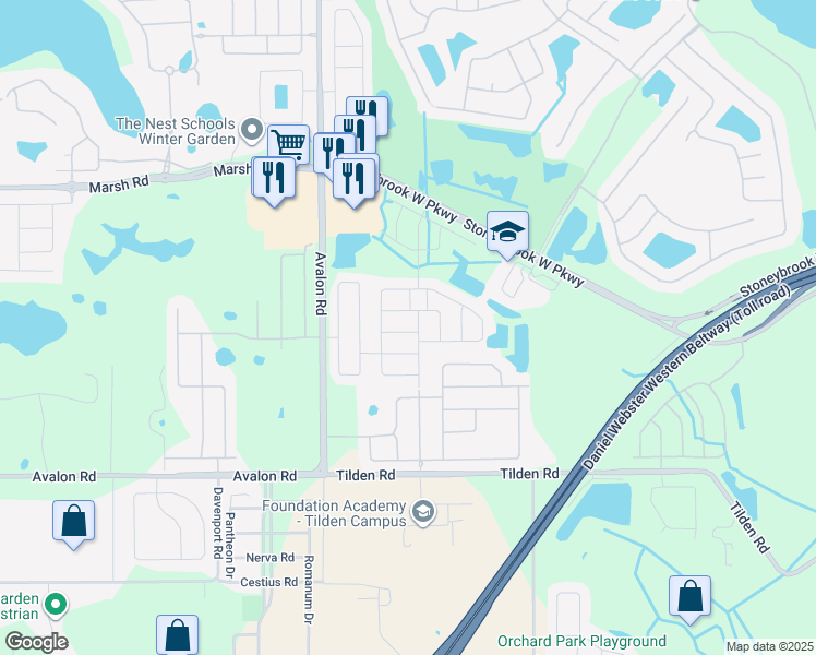 map of restaurants, bars, coffee shops, grocery stores, and more near 15309 Beamleigh Road in Winter Garden