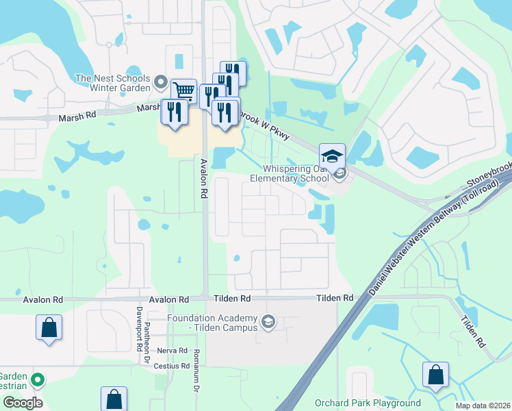 map of restaurants, bars, coffee shops, grocery stores, and more near 15302 Beamleigh Road in Winter Garden