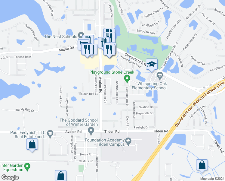 map of restaurants, bars, coffee shops, grocery stores, and more near 1626 Portcastle Circle in Winter Garden