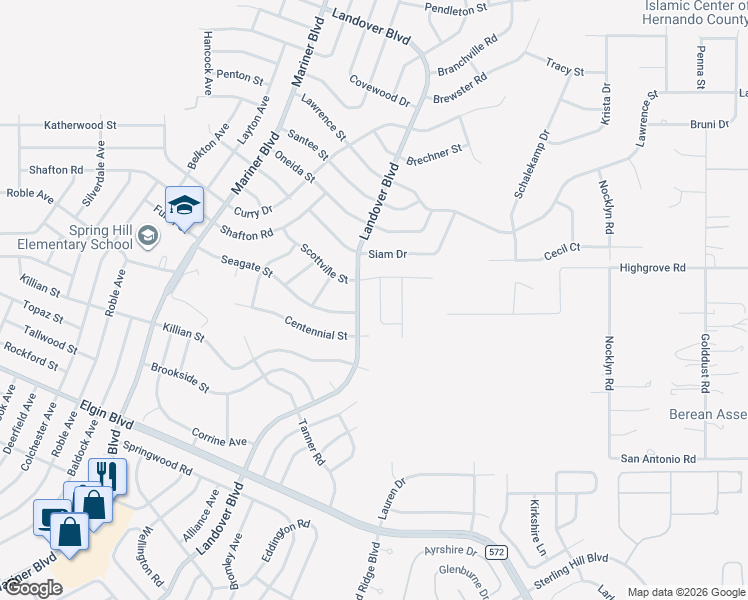 map of restaurants, bars, coffee shops, grocery stores, and more near 5515 Ocean Breeze Dr in Spring Hill