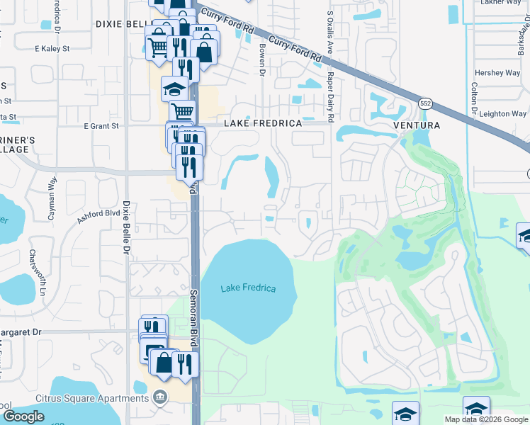 map of restaurants, bars, coffee shops, grocery stores, and more near 2936 Oak Park Way in Orlando