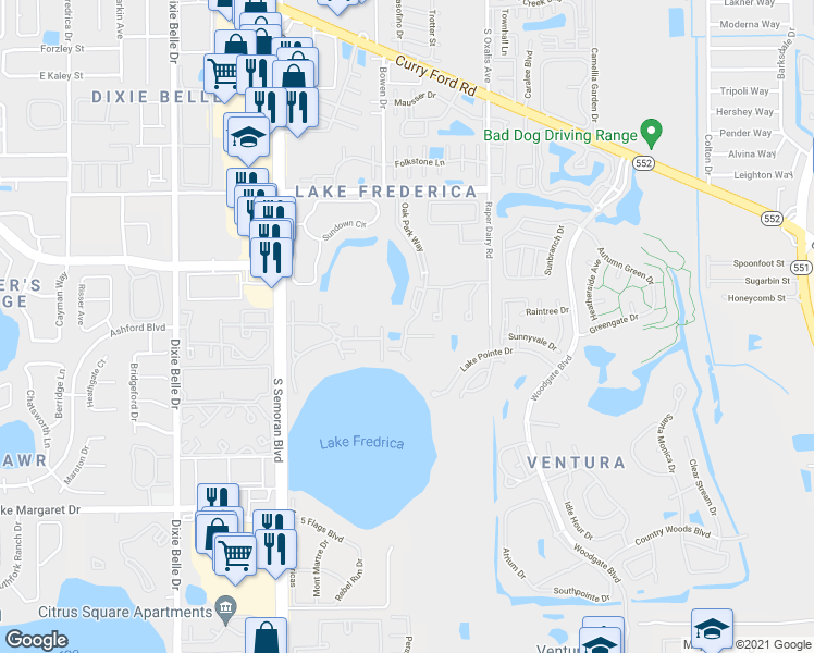 map of restaurants, bars, coffee shops, grocery stores, and more near 2936 Oak Park Way in Orlando
