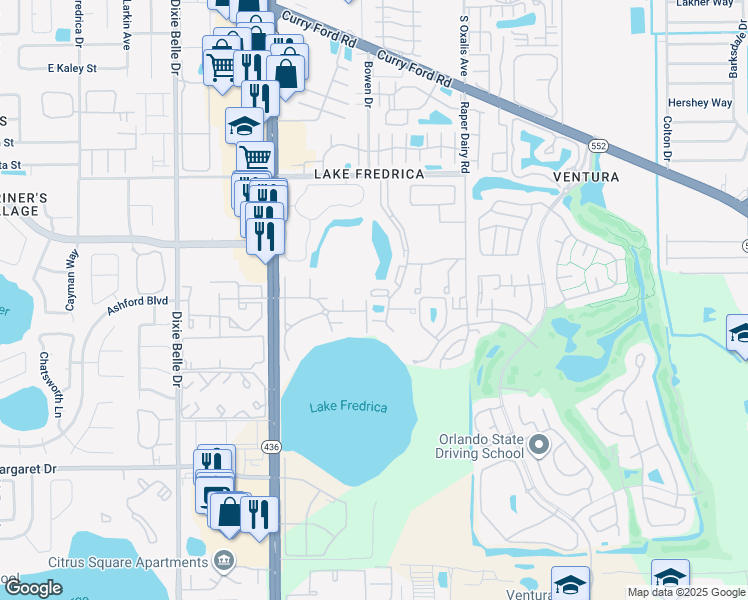 map of restaurants, bars, coffee shops, grocery stores, and more near 2936 Oak Park Way in Orlando