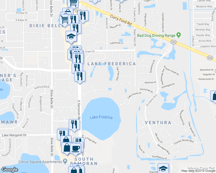 map of restaurants, bars, coffee shops, grocery stores, and more near 2936 Oak Park Way in Orlando