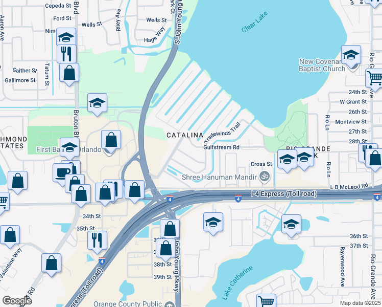 map of restaurants, bars, coffee shops, grocery stores, and more near 3202 Martinique Way in Orlando