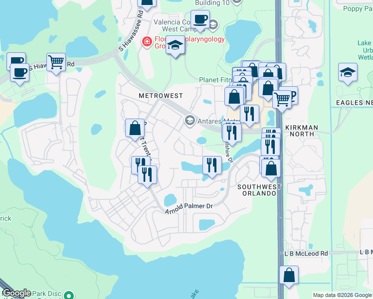 map of restaurants, bars, coffee shops, grocery stores, and more near 6258 Castelven Drive in Orlando
