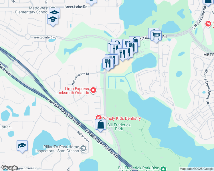 map of restaurants, bars, coffee shops, grocery stores, and more near 2813 South Hiawassee Road in Orlando