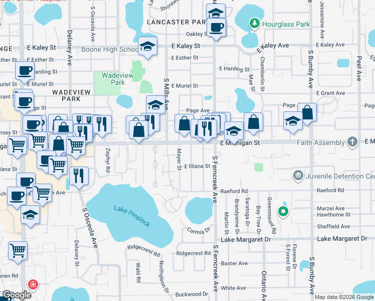 map of restaurants, bars, coffee shops, grocery stores, and more near 2721 South Brown Avenue in Orlando