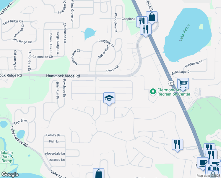 map of restaurants, bars, coffee shops, grocery stores, and more near 1086 Harmony Lane in Clermont